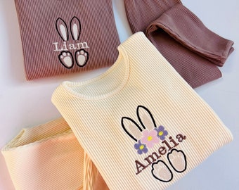 Personalized Easter PJs: Matching Kids&#39; Loungewear Set, Embroidered Name