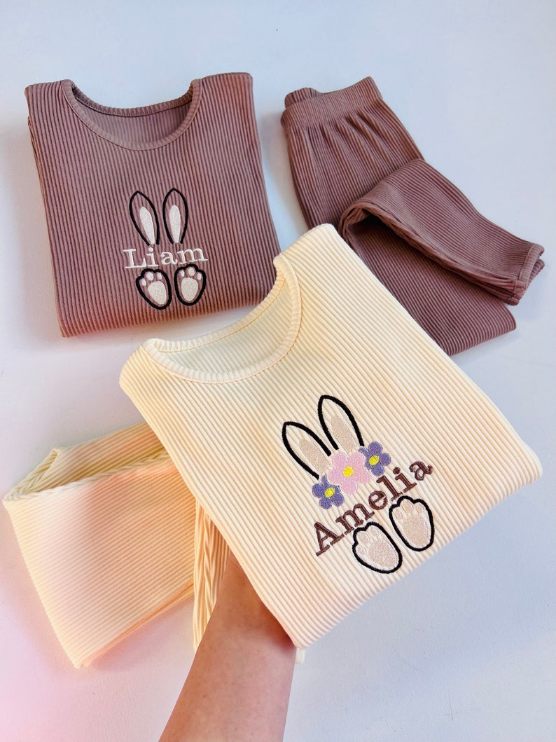 Easter Pjs Personalised Matching Baby Toddler Loungewear Initials or Name Long Sleeve Top Trousers Clothes Boy Girl Kids Tracksuit image 1