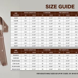 May include: Size guide for children's and adult's sleepwear sets. Measurements include sleeve length, chest, top length, hips, and pants length in inches and centimeters. Includes sizes for ages 3 months to 10 years and adult sizes XS to XXL.