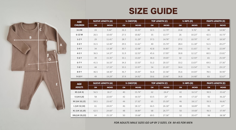 May include: Size guide for children's and adult's sleepwear sets. Measurements include sleeve length, chest, top length, hips, and pants length in inches and centimeters. Includes sizes for ages 3 months to 10 years and adult sizes XS to XXL.