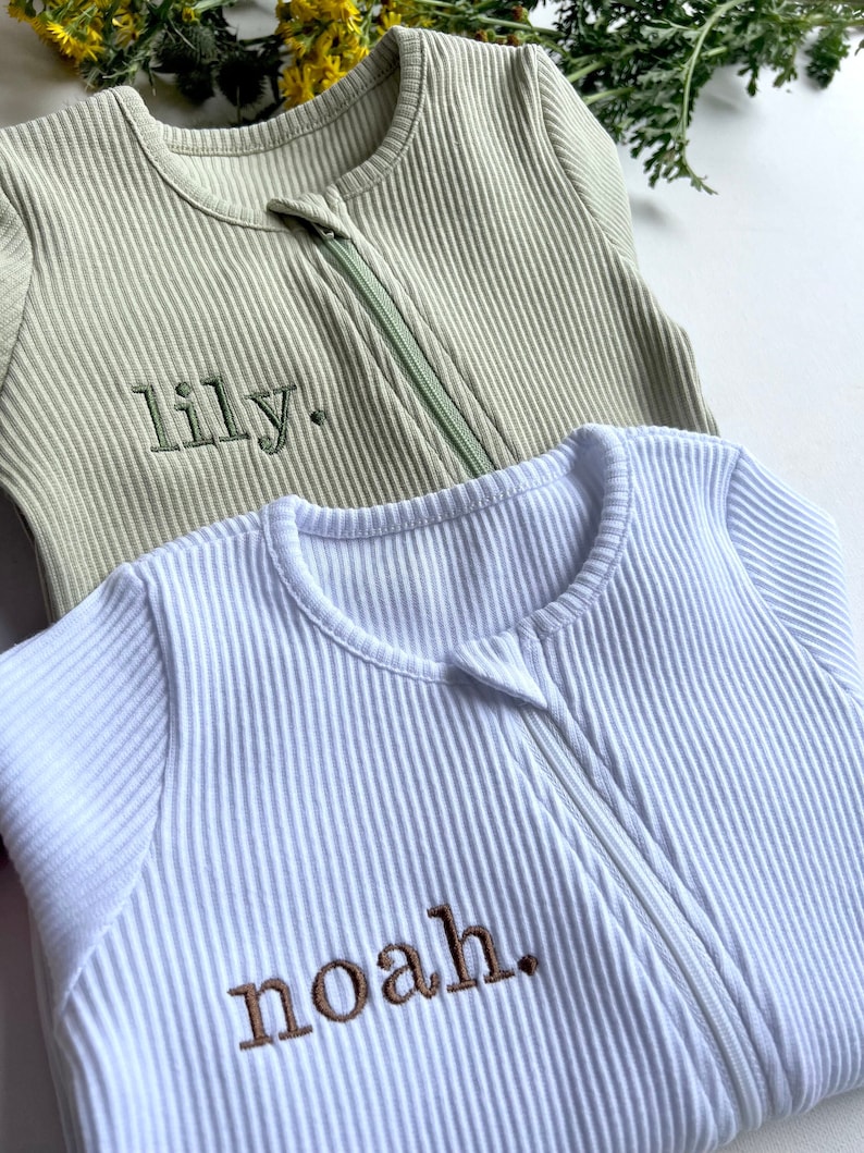 Personalised Baby Zip Romper Embroidered Baby Overalls . Summer Autumn Winter White Sage Outfit Name or Initials UNISEX Clothing image 1