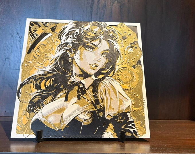 Steampunk Portrait Art Panel – Golden Clockwork Fantasy Hueforge