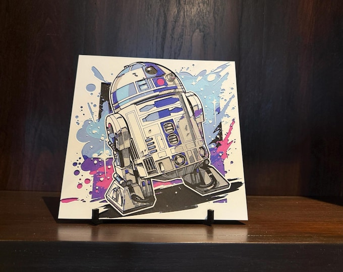 Space Droid Art Panel, Sci-Fi Robot Illustration with Paint Splash Background, Modern Nerd Decor Hueforge