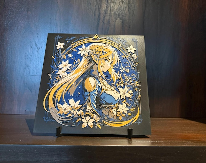 Fantasy Warrior Maiden Art Panel – Floral Blue & Gold Decor Hueforge