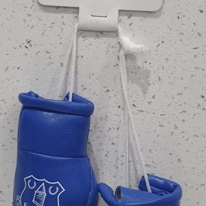 May include: Miniature blue boxing gloves featuring the Everton logo and text, attached to a navy blue tag with the same branding. The gloves are suspended by white strings. The text reads 'Nil Satis Nisi Optimum'.