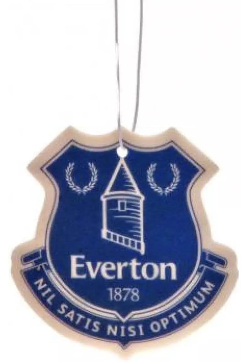 May include: A blue and white car air freshener shaped like a shield with the words "Everton 1878" and the text "Nil Satis Nisi Optimum" around the edge.