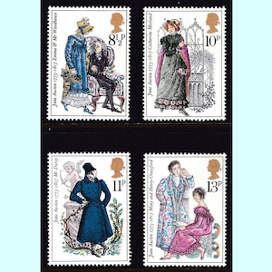 Personajes de Jane Austen de sus libros - Emma Orgullo y Prejuicio Sr. Darcy, etc. - cuatro sellos británicos sin usar