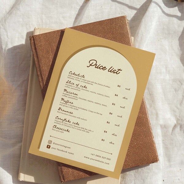 Retro Arched Menu Price list | mustard / yellow / cream template design | Instagram bakery cake shop macaron cafe wedding template 02b