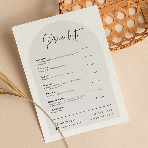 Minimal Arched Menu Price list | monochrome / black and white template design | Instagram bakery cake shop macaron cafe wedding 1.1b