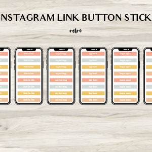 Op de afbeelding: Set van 48 Instagram-linkknop-stickers in retrostijl. De stickers hebben verschillende pastelkleuren en tekst zoals "sale alert", "link in bio", "on the blog", "tap here", "learn more" en "shop now".