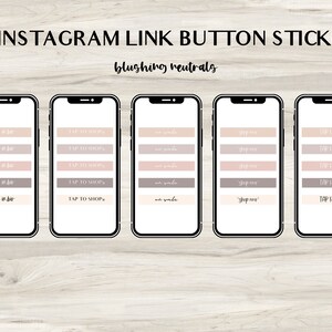 Puede incluir: Conjunto de 25 pegatinas digitales para botones de enlace de Instagram en un esquema de color rosa melocotón y marrón. Las pegatinas incluyen texto como "Tap to Shop", "Shop Now", "On Sale" y "Link in Bio".