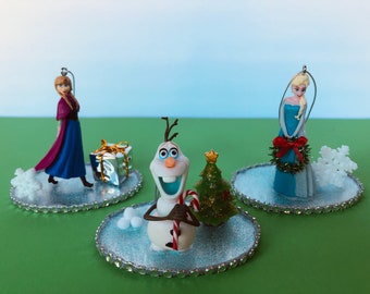 FROZEN CHRISTMAS ORNAMENTS!! Set of 3 Disney Toys Embellished with Christmas Trimmings!