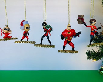 THE INCREDIBLES Christmas Tree Ornaments! Set of 5 Disney Toys Embellished with Christmas Trimmings!!