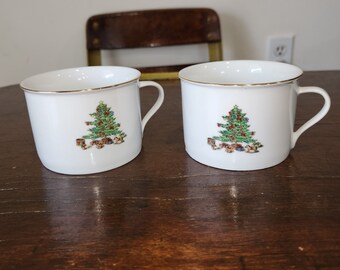 Set of 2 Holiday Hostess Christmas Tree Mugs with Gold Rim