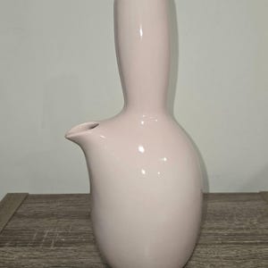 May include: A pale pink ceramic vase with a unique, elongated shape. The vase has a slender neck and a rounded body, with a spout extending from the side. The smooth, glossy surface reflects light, highlighting its elegant design.