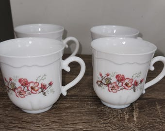 Juego vintage de 4 tazas florentinas Arcopal con diseño de flor de cerezo, de vidrio para leche, de Francia