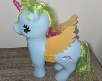 Vintage Little Pony Large Blue Unicorn Hasbro Rainbow Green Hair 9.5" SEE PICTURES.