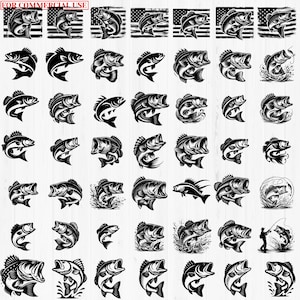 K&ouml;nnte beinhalten: Ein Set mit 36 Schwarzwei&szlig;-Illustrationen von Barschen. Die Fische sind in verschiedenen Posen, einige mit Wasserspritzern, einige mit amerikanischen Flaggen und einige mit Angelschn&uuml;ren. Die Illustrationen sind perfekt f&uuml;r die Verwendung in Kunsthandwerk, Scrapbooking oder digitalem Design.