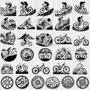 Op de afbeelding: Een verzameling van 30 zwart-witte silhouet-illustraties van mountainbikes. De illustraties tonen verschillende mountainbike-ontwerpen, rijders en landschappen.