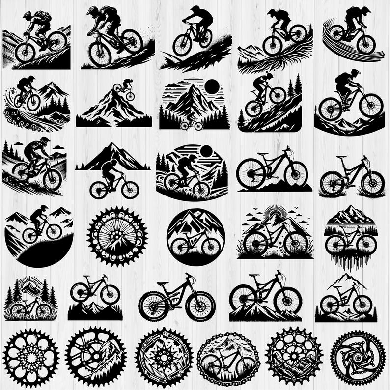 Op de afbeelding: Een verzameling van 30 zwart-witte silhouet-illustraties van mountainbikes. De illustraties tonen verschillende mountainbike-ontwerpen, rijders en landschappen.