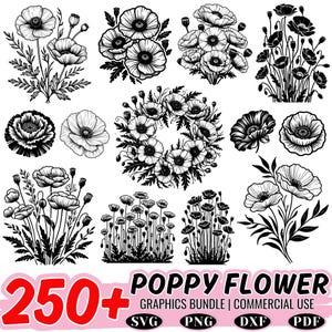 250+ Poppy flower svg bundle | floral line art cut files | cricut dxf png pdf | botanical poppy clipart | nature flower design