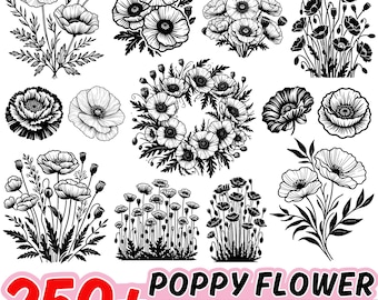 ポピーの線画 SVG PNG、花のアウトラインクリップアート、植物イラスト