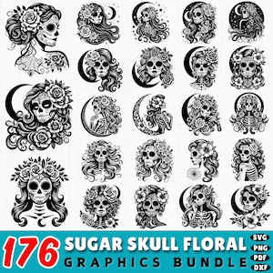 176 Floral Sugar Skull SVG | Day of the Dead SVG Bundle | Calavera Clipart Dxf | Cricut Skull Cut Files | Halloween SVG Pack Commercial Use