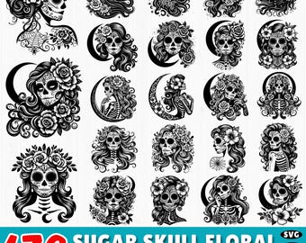 176 Floral Sugar Skull SVG | Day of the Dead SVG Bundle | Calavera Clipart Dxf | Cricut Skull Cut Files | Halloween SVG Pack Commercial Use