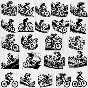 Op de afbeelding: Een digitaal ontwerpvel met 20 zwart-wit silhouet illustraties van vrouwen die mountainbiken. De ontwerpen zijn perfect voor het maken van aangepaste T-shirts, mokken, stickers en andere knutselprojecten.