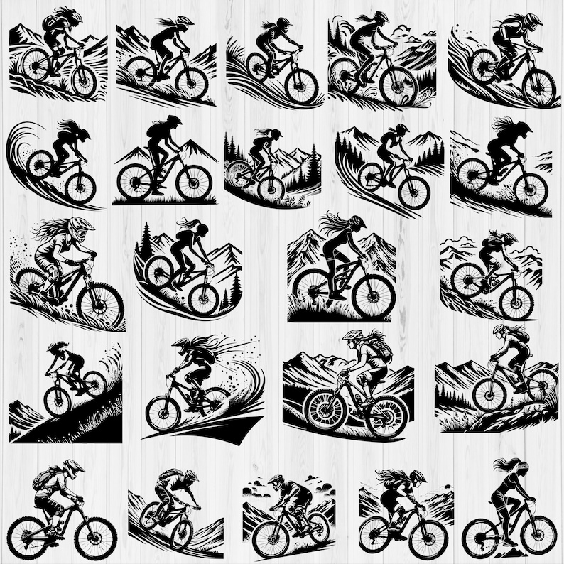 Op de afbeelding: Een digitaal ontwerpvel met 20 zwart-wit silhouet illustraties van vrouwen die mountainbiken. De ontwerpen zijn perfect voor het maken van aangepaste T-shirts, mokken, stickers en andere knutselprojecten.