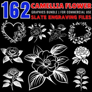 162 Camellia Flower PNG | Slate Engraving Files | Floral Engraving Bundle | Laser Cut Design | Commercial Use