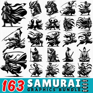 May include: A collection of 163 samurai graphics in black and white. The images depict samurai warriors in various action poses, including wielding swords and wearing traditional armor. The text "163 SAMURAI GRAPHICS BUNDLE" is displayed at the bottom.