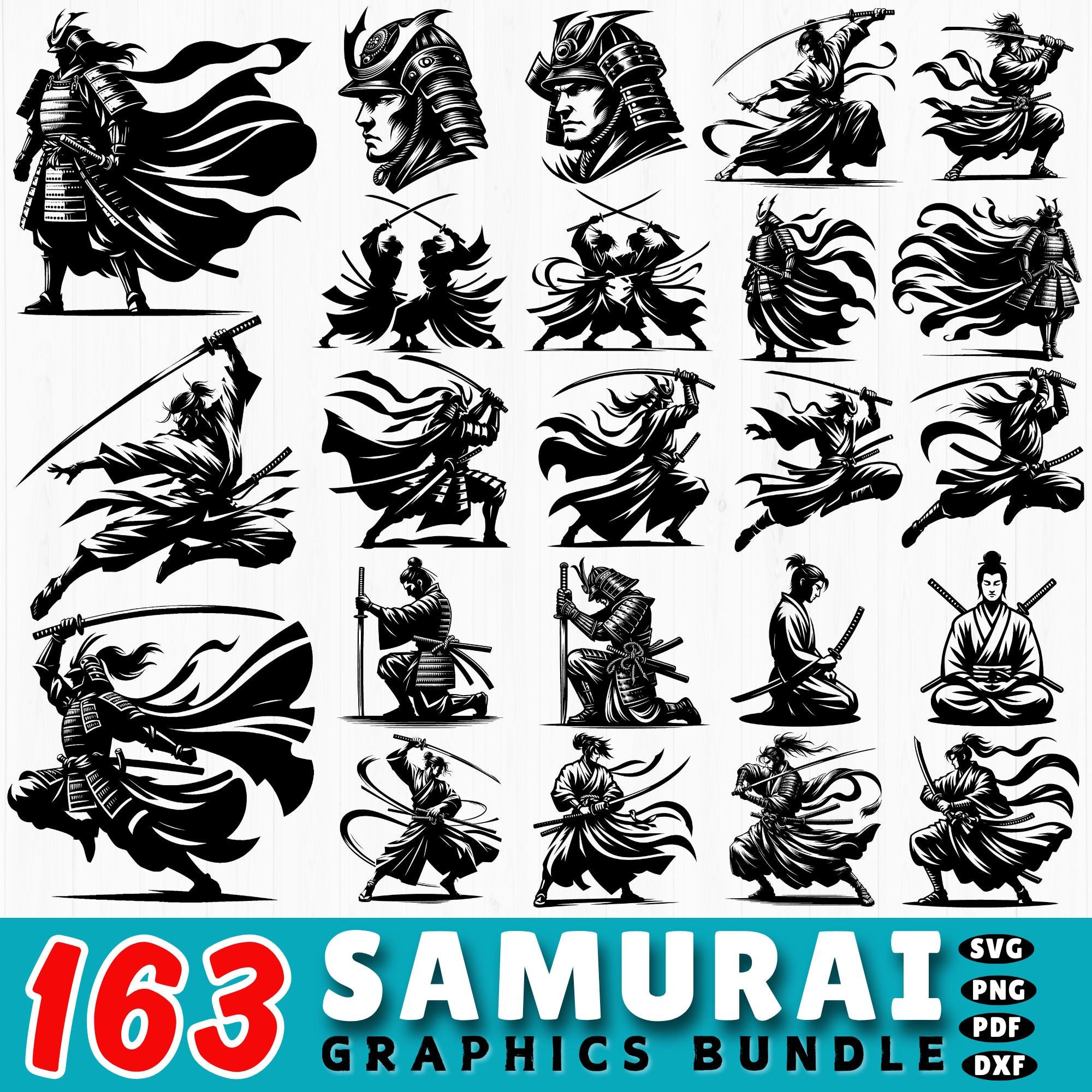 163 Samurai SVG Bundle: Japanese Warrior Clipart, Katana Sword, Armor ...