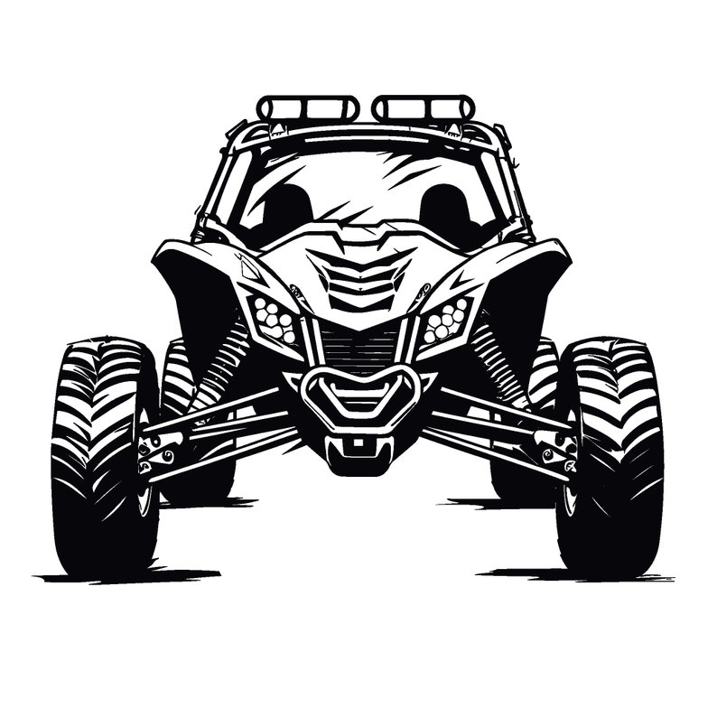 以下が含まれることがあります： 横並びのオフロード車の白黒の線画イラスト。車両はロールケージとフロントバンパーを備えています。