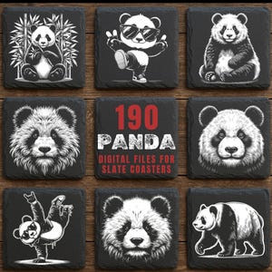 Könnte beinhalten: Eine Sammlung von neun quadratischen Schieferuntersetzern mit Panda-Bären-Designs. Die Designs zeigen einen Panda mit Bambus, einen Panda mit Sonnenbrille und einen Panda, der einen Handstand macht. Der mittlere Untersetzer hat den Text "190 PANDA DIGITAL FILES FOR SLATE COASTERS."