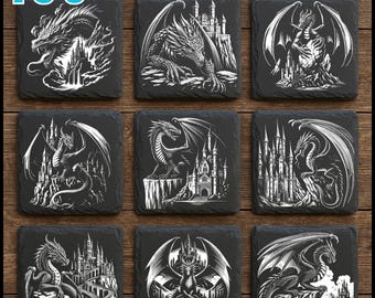 153 Dragon Cliff Scenes Slate Engraving Files: Fantasy Mountain Dragon PNG Bundle for Engraving | Commercial Use