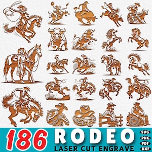 May include: A selection of 186 laser-cut engraved rodeo designs. The images depict cowboys and cowgirls riding horses and bulls, roping, and other rodeo activities. The designs are in a wood-grain style, with the word "RODEO" in large, bold letters.