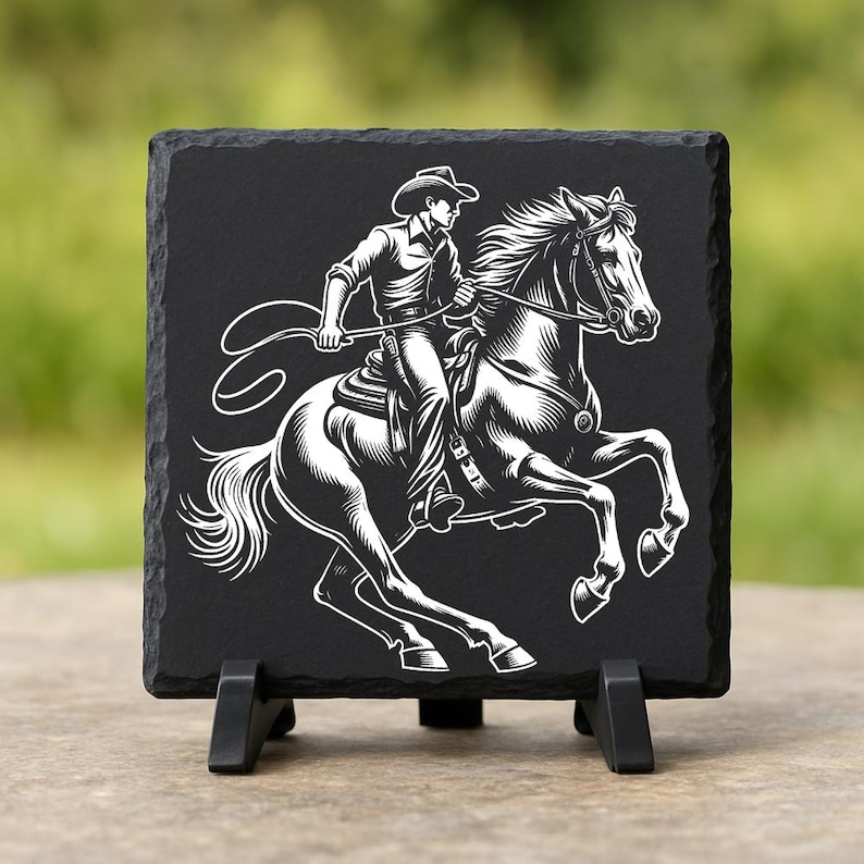 May include: Black square slate coaster featuring a white illustration of a cowboy riding a horse. The cowboy is wearing a hat and holding a lasso. The horse is rearing up on its hind legs. The coaster is displayed on a black stand.