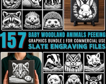 Baby Woodland Animals Peeking PNG Bundle: Slate Engraving Files (Digital Download, Commercial Use)