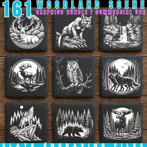Puede incluir: Nueve posavasos cuadrados de pizarra con gráficos de escenas del bosque. Cada posavasos presenta una ilustración en blanco y negro de animales del bosque, incluyendo un ciervo, un puma, un búho y un oso. El texto "161 WOODLAND SCENE GRAPHICS BUNDLE I COMMERCIAL USE" está en la parte superior.