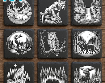 Woodland Scene PNG Bundle: Slate Engraving Designs (Digital Download)