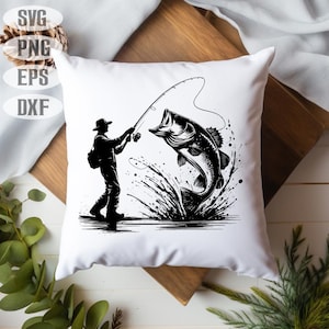 K&ouml;nnte beinhalten: Schwarzwei&szlig;-Illustration eines Fischers, der eine Leine wirft und einen Schwarzbarsch f&auml;ngt. Der Fisch springt aus dem Wasser und der Fischer ist vor dem Wasser silhouettiert.