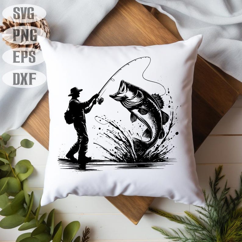 K&ouml;nnte beinhalten: Schwarzwei&szlig;-Illustration eines Fischers, der eine Leine wirft und einen Schwarzbarsch f&auml;ngt. Der Fisch springt aus dem Wasser und der Fischer ist vor dem Wasser silhouettiert.