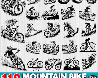 Könnte beinhalten: Ein Set mit 112 Schwarzweiß-Grafiken von Mountainbikes. Die Grafiken zeigen verschiedene Mountainbiker, die auf Trails, Hügeln und in der Luft fahren. Die Grafiken eignen sich perfekt für den Einsatz in digitalen Designs, Bastelarbeiten und anderen kreativen Projekten.