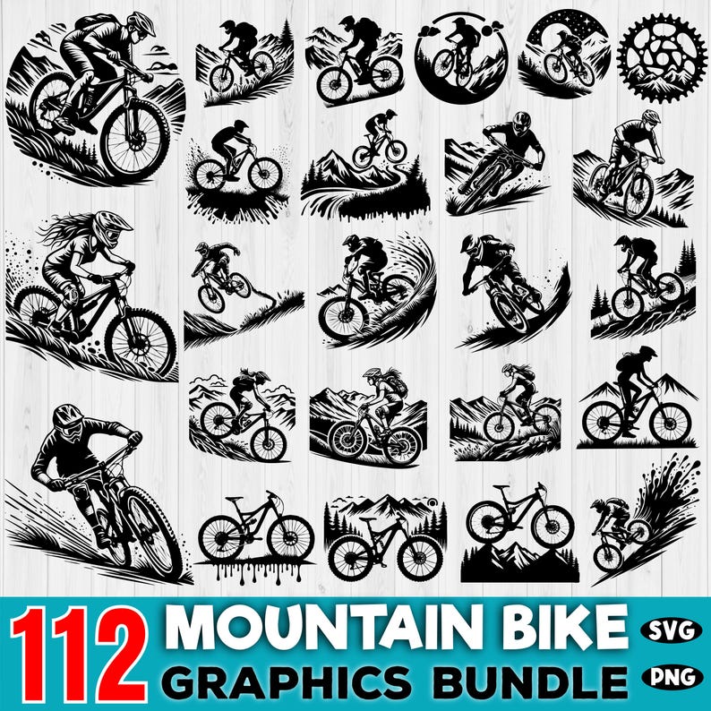 Op de afbeelding: Een set van 112 zwart-witte mountainbike-afbeeldingen. De afbeeldingen tonen verschillende mountainbikers die op paden, heuvels en in de lucht rijden. De afbeeldingen zijn perfect voor gebruik in digitale ontwerpen, ambachten en andere creatieve projecten.