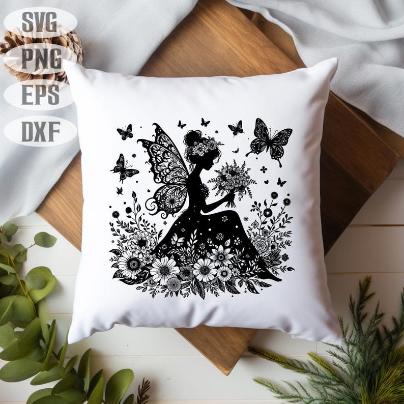 May include: Black and white silhouette of a fairy with wings sitting in a field of flowers. The fairy is holding a bouquet of flowers.