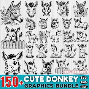 150+ Cute Donkey Graphics SVG bundle, svg, png and pdf - Cricut Cut Files for Shirts & Stickers - Commercial Use - Instant Digital Downloads