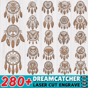 May include: A collection of 280+ dreamcatcher designs for laser cutting and engraving. The designs feature various shapes, patterns, and symbols, including owls, butterflies, elephants, and more.