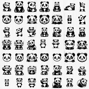 May include: A selection of black and white panda bear illustrations in different poses. Some pandas are sitting, standing, or holding bamboo. The illustrations have a cartoon style, with detailed fur and expressive faces. Ideal for stickers or prints.