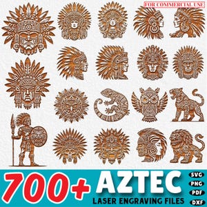 May include: A selection of Aztec-themed laser engraving files. The image showcases diverse designs, including detailed Aztec faces, headdresses, an owl, a lizard, and a lion. The text "700+ AZTEC LASER ENGRAVING FILES" is displayed at the bottom.